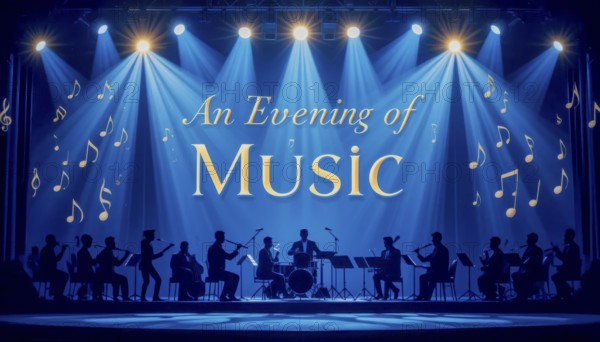 A stage featuring a musical performance with an orchestra, spotlights, and musical notes, creating