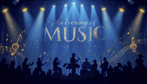 An artistic illustration depicting a musical performance. The stage is illuminated, with musicians