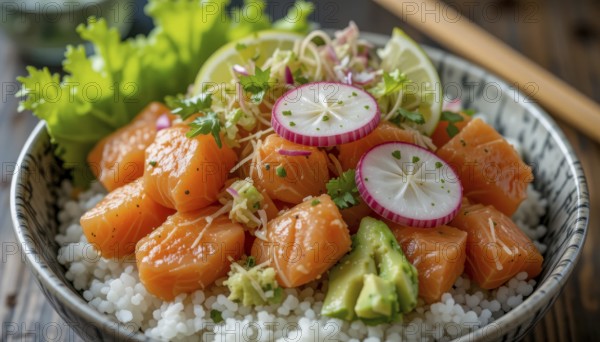 A close-up shot of a vibrant and delicious salmon poke bowl, filled with fresh ingredients, resting