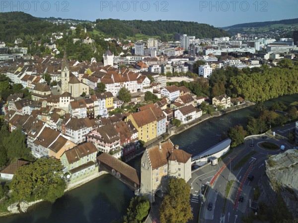 View of the old town with the parish church of Maria Himmelfahrt, in the background the ruins of