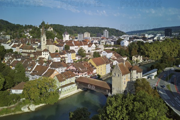 View of the old town with the parish church of Maria Himmelfahrt, in the background the ruins of