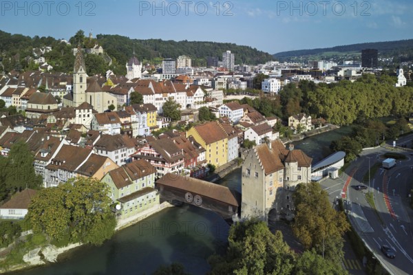 View of the old town with the parish church of Maria Himmelfahrt, in the background the ruins of