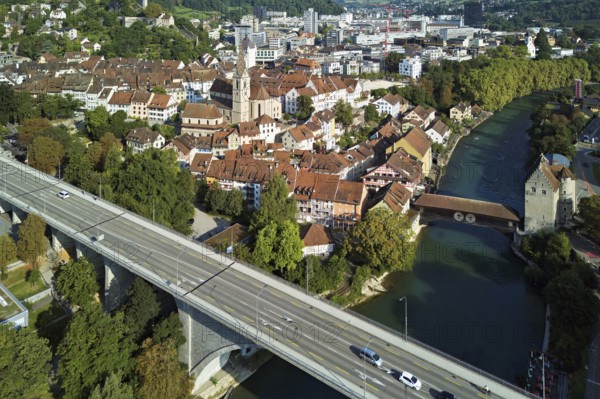 View of the old town with the high bridge in front, the old town and the covered wooden bridge with
