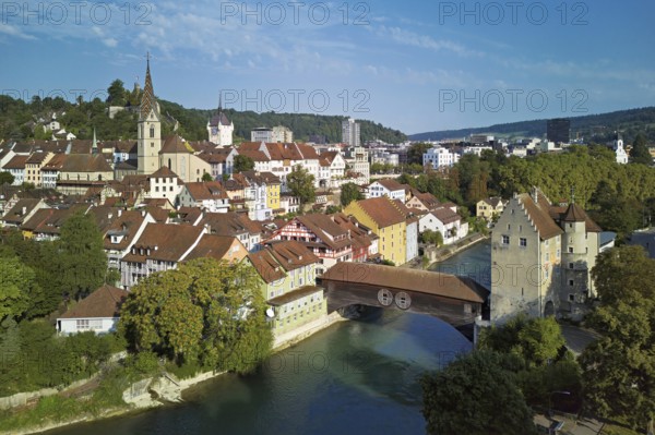 View of the old town with the parish church of Maria Himmelfahrt, in the background the ruins of