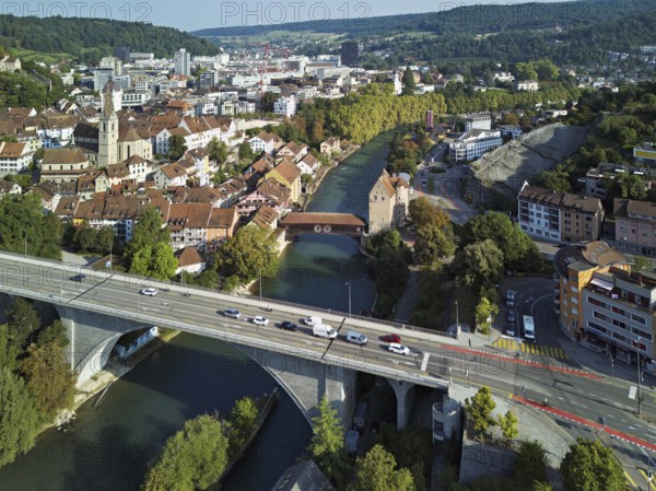 View of the town with the high bridge in front, the old town and the covered wooden bridge with the