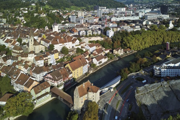 View of the old town with the parish church of Maria Himmelfahrt, in the background the ruins of
