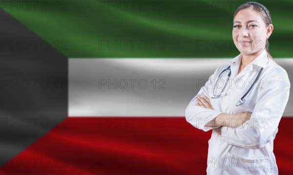 Female doctor on Kuwait flag. Doctor with crossed arms on Kuwait flag. Kuwait health and care