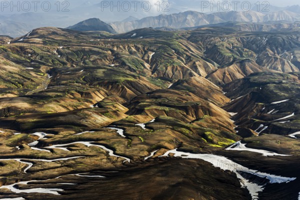 Mountain landscape, sunny, summer, snowfields, volcanic landscape, aerial view, Landmannalaugar,