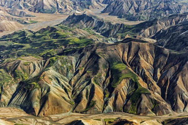 Mountain landscape, sunny, summer, volcanic landscape, aerial view, Landmannalaugar, Fjallabak