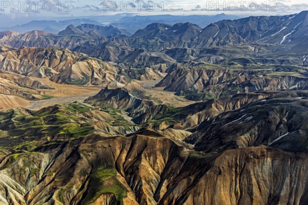 Mountain landscape, sunny, summer, volcanic landscape, aerial view, Landmannalaugar, Fjallabak