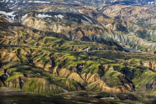 Mountain landscape, snowfields, sunny, summer, volcanic landscape, aerial view, Landmannalaugar,