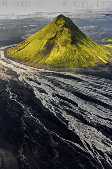 Mountain landscape, sunny, summer, volcanic landscape, river bed, river, aerial view, backlight,