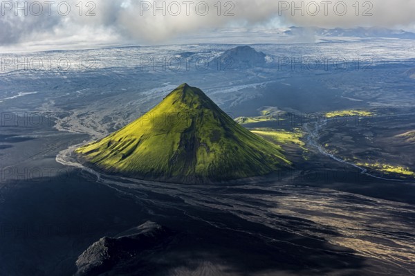 Mountain landscape, sunny, summer, volcanic landscape, river bed, river, aerial view, backlight,