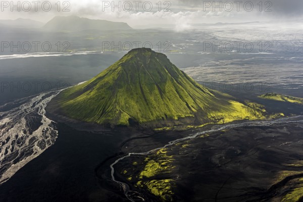 Mountain landscape, sunny, summer, volcanic landscape, river bed, river, aerial view, backlight,