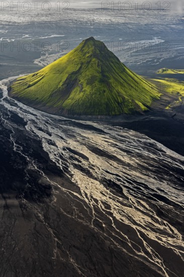 Mountain landscape, sunny, summer, volcanic landscape, river bed, river, aerial view, backlight,