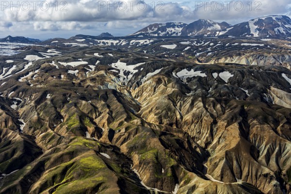 Mountain landscape, sunny, summer, snowfields, volcanic landscape, aerial view, Landmannalaugar,