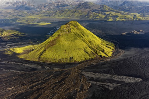 Mountain landscape, sunny, summer, volcanic landscape, river bed, river, aerial view, Maelifell