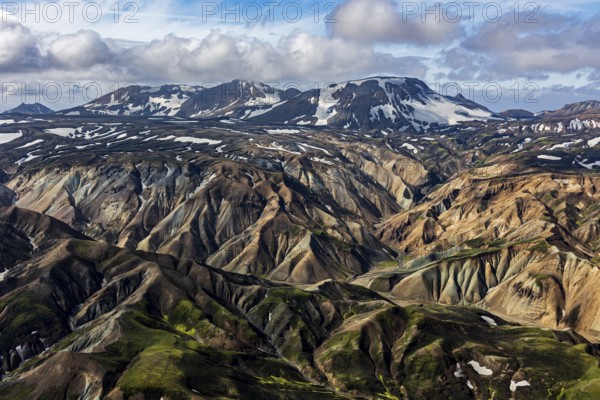 Mountain landscape, sunny, summer, snowfields, volcanic landscape, aerial view, Landmannalaugar,