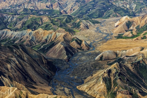 Mountain landscape, sunny, summer, river, riverbed, volcanic landscape, aerial view,