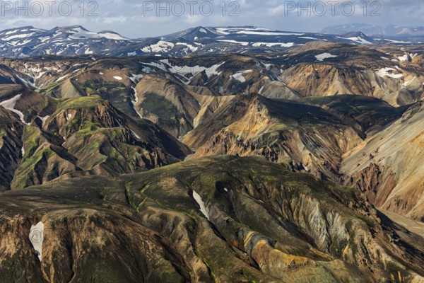 Mountain landscape, sunny, summer, snowfields, volcanic landscape, aerial view, Landmannalaugar,