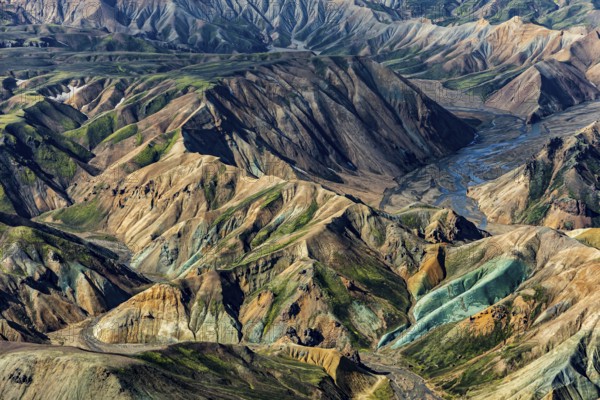 Mountain landscape, sunny, summer, ryolite rock (green), volcanic landscape, aerial view,