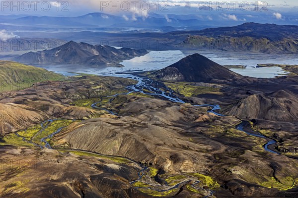 Mountain landscape, lake, river, sunny, summer, volcanic landscape, aerial view, Landmannalaugar,