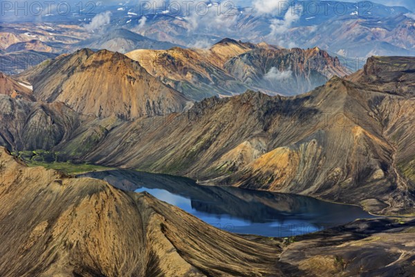 Mountain landscape, lake, sunny, summer, volcanic landscape, aerial view, Landmannalaugar,