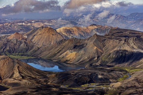 Mountain landscape, lake, river, sunny, summer, volcanic landscape, aerial view, Landmannalaugar,