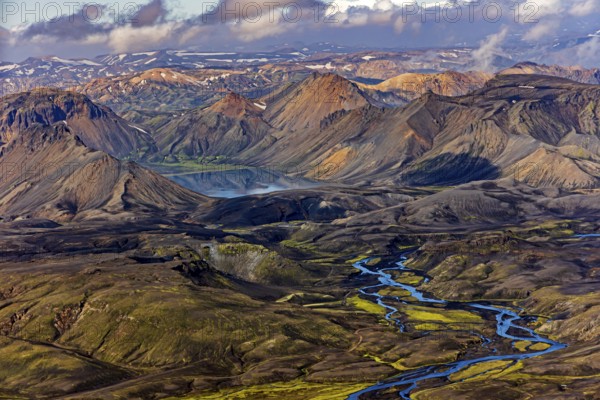 Mountain landscape, lake, river, sunny, summer, volcanic landscape, aerial view, Landmannalaugar,