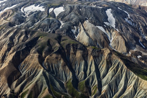Mountain landscape, sunny, summer, snowfields, volcanic landscape, aerial view, Landmannalaugar,