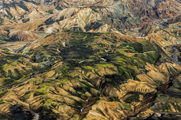 Mountain landscape, sunny, summer, volcanic landscape, aerial view, Landmannalaugar, Fjallabak