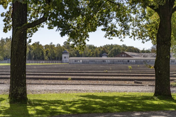 Foundations of the prisoners' barracks and watchtower, Dachau Concentration Camp Memorial, Bavaria,