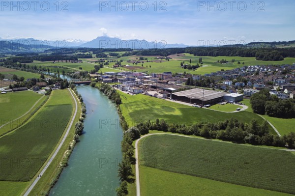 River Reuss right view of the village with the industrial area, Sins, Freiamt, Canton, Aargau,