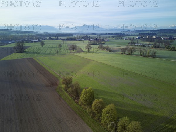 Agricultural fields and meadows in the Reuss valley, with the Rigi and the Alps behind,