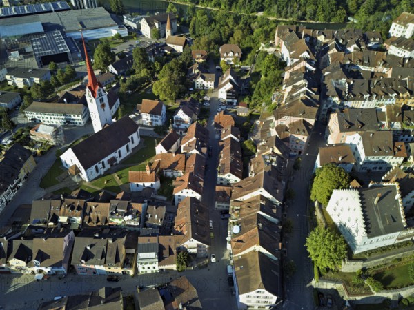 Old town with the Catholic Church of St Nicholas from above, Bremgarten, Freiamt, Canton, Aargau,