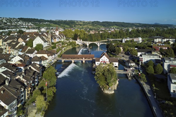 Old town with the tower of the Muri- Amthof, in the centre the weir and the old wooden bridge