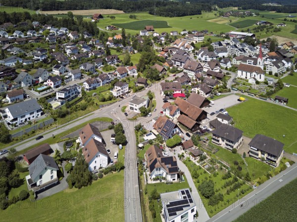 View of the village with the Roman Catholic parish church of St Anna, behind the Lindenberg,