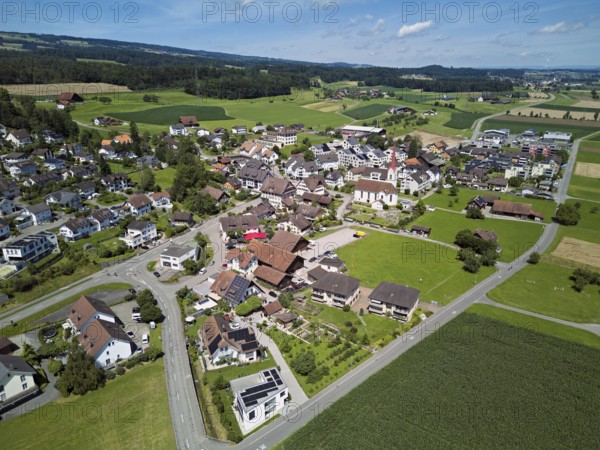 View of the village with the Roman Catholic parish church of St Anna, behind the Lindenberg,