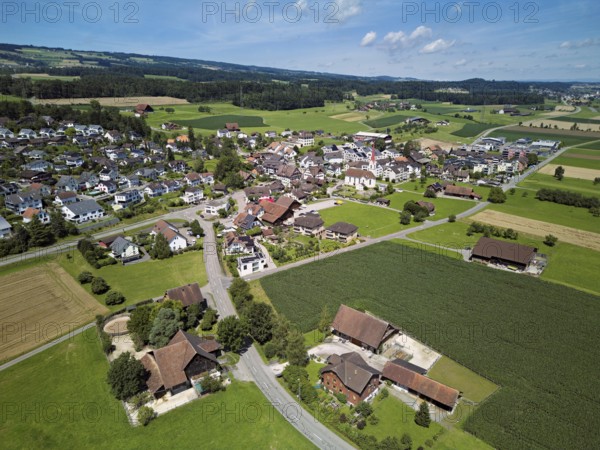 View of the village with the Roman Catholic parish church of St Anna, behind the Lindenberg,