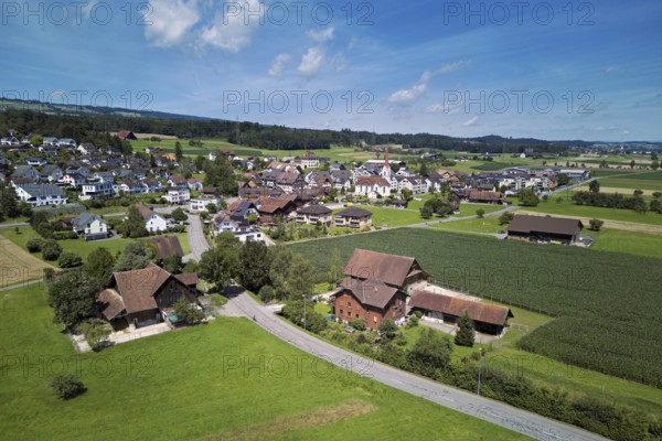 View of the village with the Roman Catholic parish church of St Anna, behind the Lindenberg,
