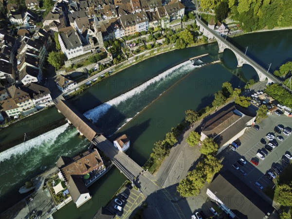 Old town with the weir from above on the river Reuss, Bremgarten, Freiamt, Canton, Aargau,