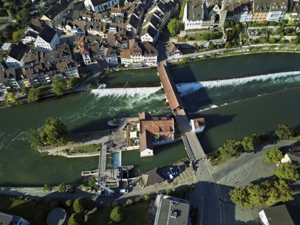 Old town with the weir from above on the river Reuss, Bremgarten, Freiamt, Canton, Aargau,