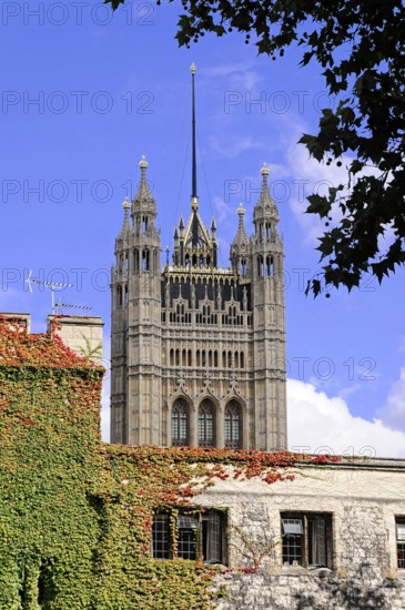 Detail, Victoria Tower, Houses of Parliament, London, England, Great Britain, Gothic tower above