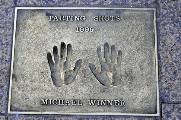 Memorial plaque with handprints and inscription for Michael Winner from 1999, London, England,