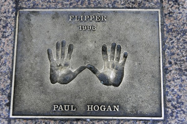 Metal plate with handprints and inscription by Paul Hogan, Flipper 1996, London, England, Great