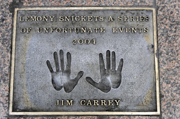 Commemorative plaque with handprints and inscription for Jim Carrey from 2004, London, England,