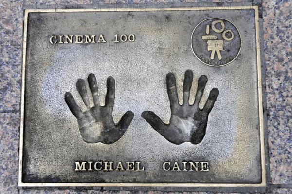 Metal plate with handprints and the inscription of Michael Caine, Cinema 100, London, England,