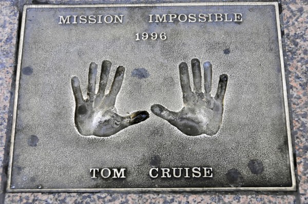 Memorial plaque with handprints and inscription for Tom Cruise from 1996, London, England, Great