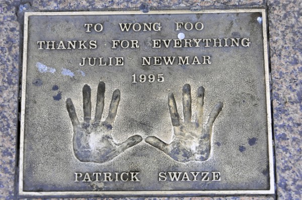 Memorial plaque with handprints and inscription for Patrick Swayze from 1995, London, England,