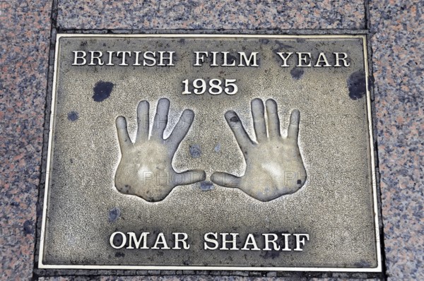 Omar Sharif's handprints for British Film Year 1985 on a metal plate, London, England, Great